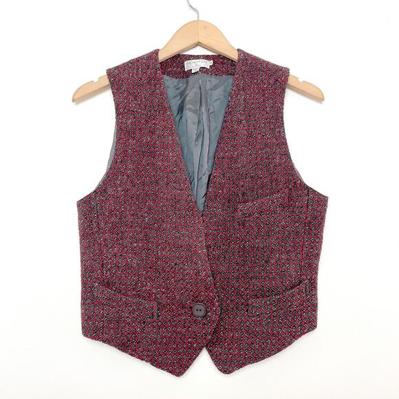 Vintage Made In Japan Dark Academia Tweed Burgundy Wool Vest Sz 10 - Picture 1 of 6